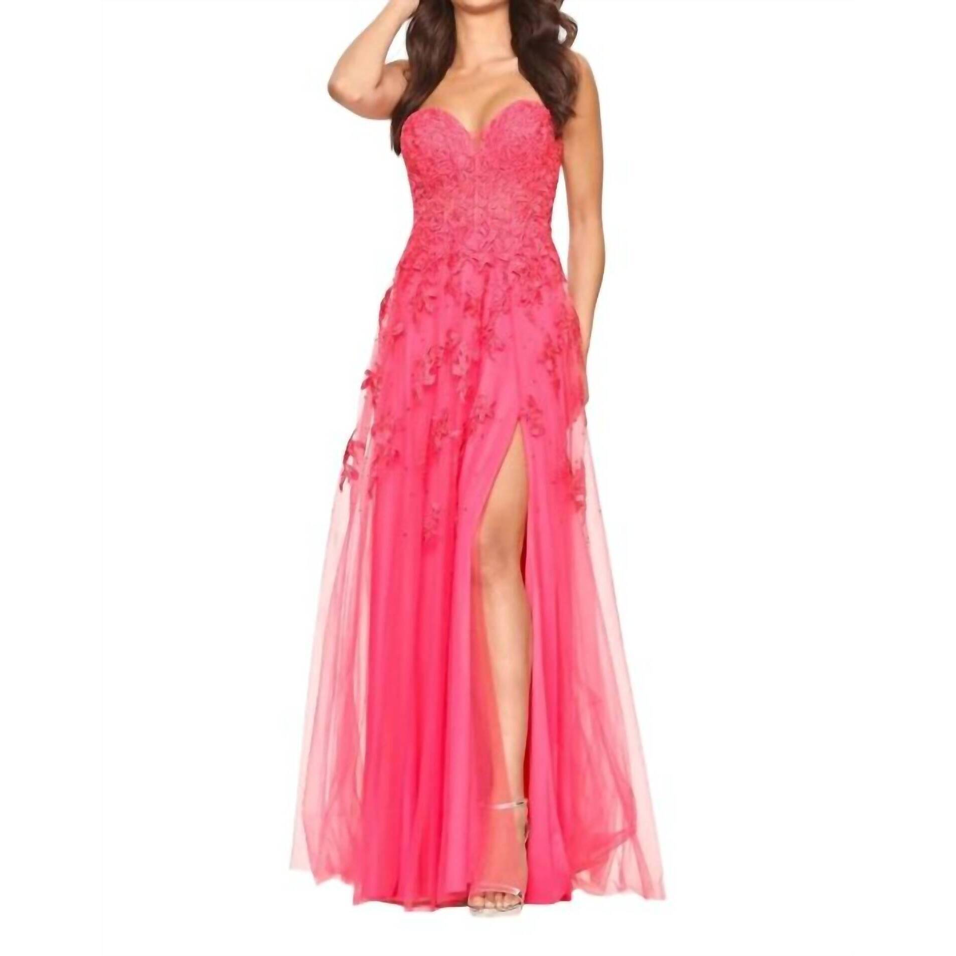 New Faviana Tulle Applique Gown In Hot Pink